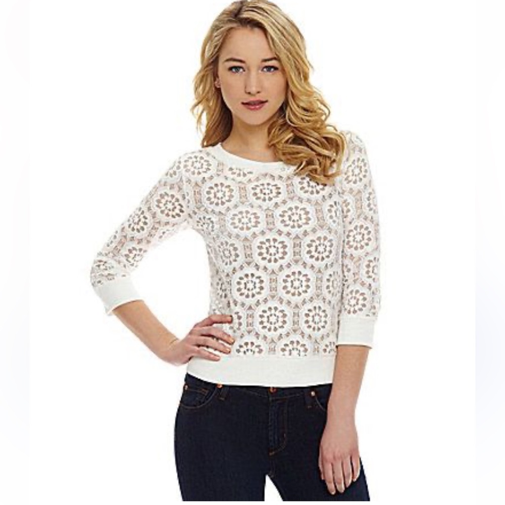 BB Dakota ivory White Lace Floral 3/4 sleeve crewneck sheer top blouse Sz XS